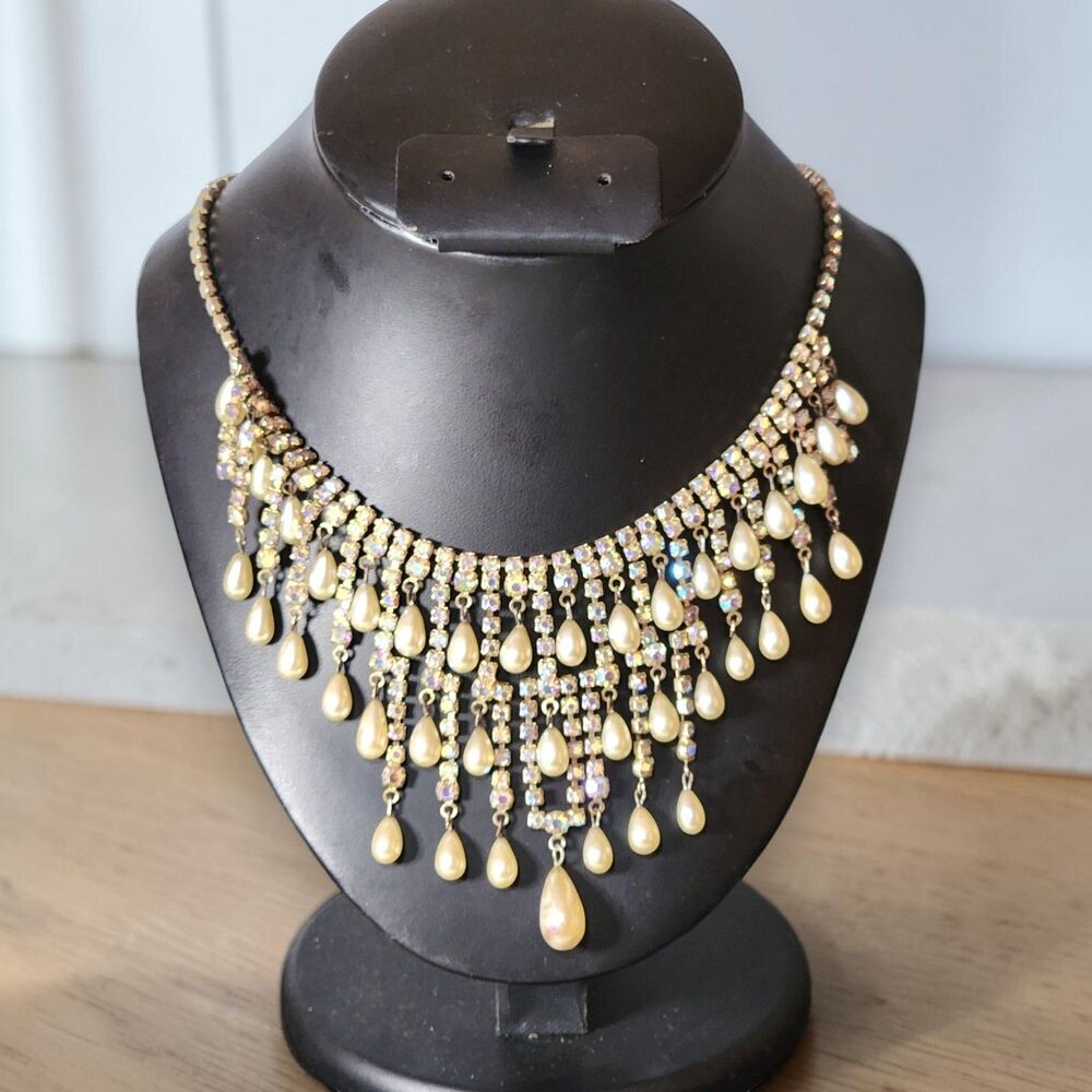 Vintage AB Rhinestone Faux Pearl Dangle Bib Necklace Silver Tone Statement